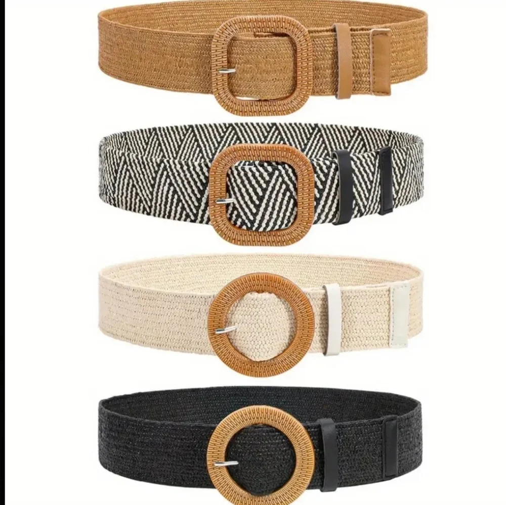 2Pcs Buckle Braided Straw Belts